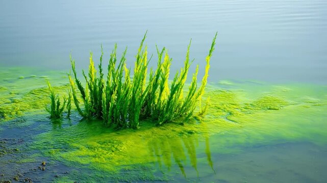 Aquatic Garden's Vibrant Hues: A close-up view unveils the intricate beauty of an aquatic environment, with radiant green aquatic plants flourishing in tranquil, turquoise water.