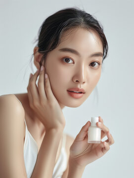 Clean skincare concept with Asian woman holding cosmetic bottle and touching face