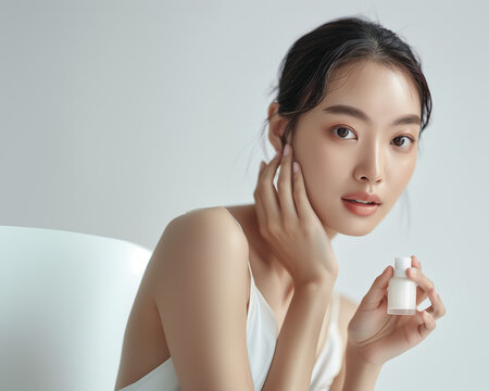 Asian beauty model with flawless skin holding cosmetic bottle, clinical aesthetic
