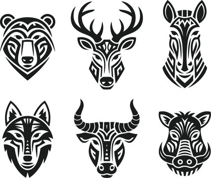 Collection of six stylized wild animal face icons with intricate ethnic patterns perfect for logo design branding and decorative illustrations.
