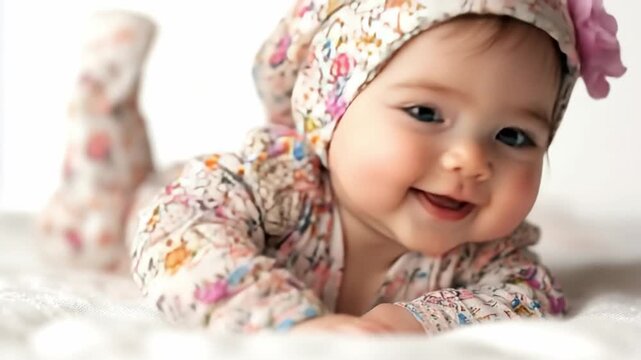 Pure Joy: Capturing a baby's radiant smile and genuine happiness, swathed in soft, patterned clothing, symbolizes pure innocence. 