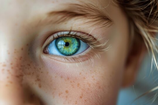 Young child's green eye with freckles and long eyelashes looking forward