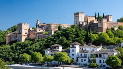 Fototapeta premium The scene shows a castle on a mountain taken from a hill with trees surrounding it during summer with clouds in the sky