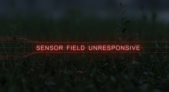 Close up of grass with a bright orange glowing digital line and text reading sensor field unresponsive