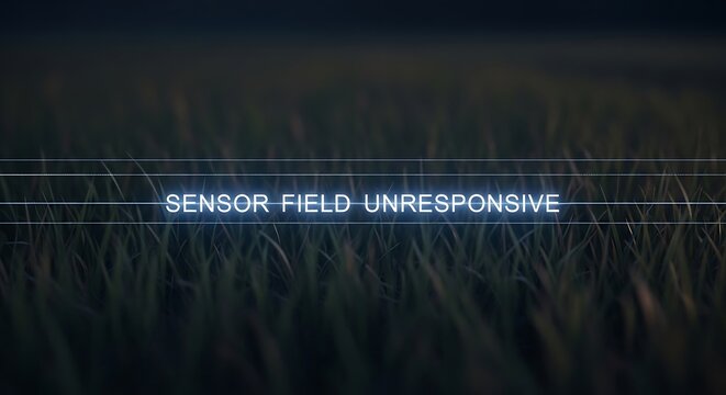 Field of grass with a glowing digital line and text reading sensor field unresponsive, outdoors