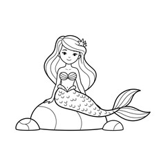 Obraz premium Cute Little Mermaid Sitting on Rock Coloring Page for Kids