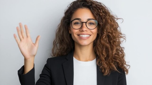 Warm Greeting: A friendly woman with glasses and a radiant smile offers a welcoming hand gesture against a soft background, portraying a scene of approachability and communication.