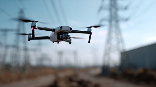 Close up of drone inspecting electrical grid. Quadcopter with camera flies near high voltage power lines and pylons. Technology for automated industrial survey, maintenance and safety monitoring