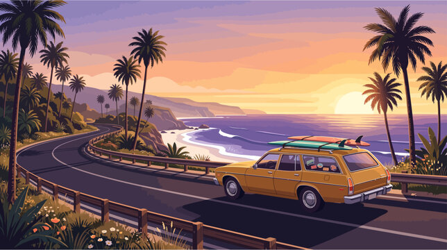 Vintage yellow station wagon drives along coastal road with surfboard on roof at sunset palm trees and ocean in background California dream road trip