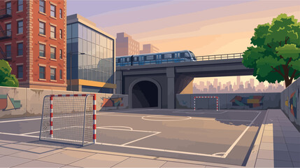 Abandoned soccer field under bridge urban landscape with buildings and tree at sunset empty streets © craftsby.ib