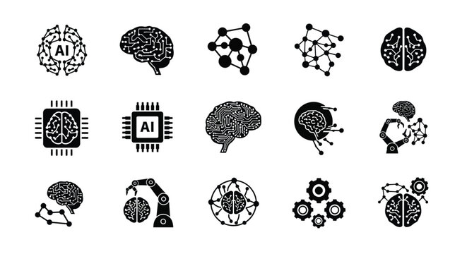 Black and white icons of artificial intelligence brain structures and neural networks for technology concepts