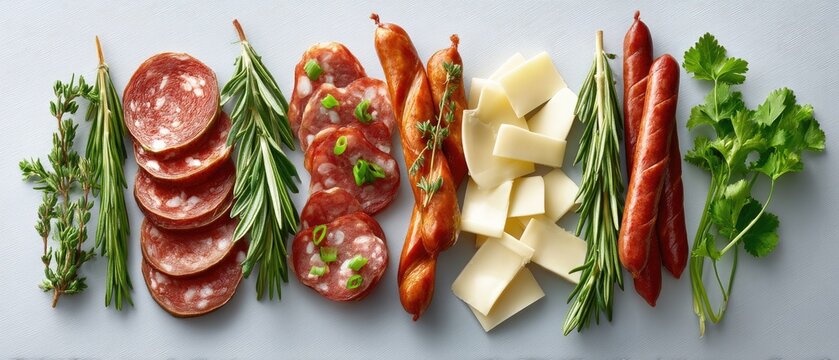 Variety of meat strips and sausages displayed on a white background ready for serving in a charcuterie board setup with empty space for design elements