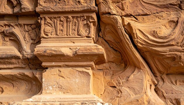 A close-up of a weathered, carved sandstone architectural detail. Intricate floral patterns are visible, along with flowing textures of the rock