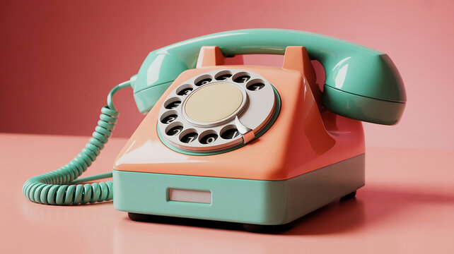 Retro rotary dial telephone in pastel coral and mint green on a pink surface vintage