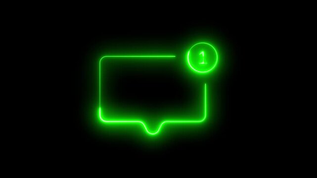 Glowing green neon message bubble icon animation with a notification badge on black background, social media alert, online chat, or app notification
