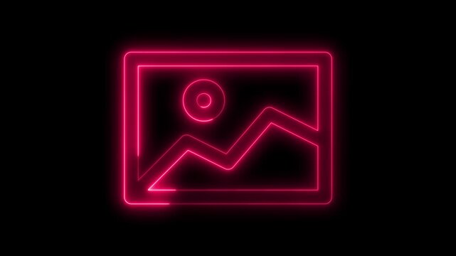 Pink glowing neon image gallery icon animation with pulsing lines on black background, digital portfolio, photography portfolio, or media library