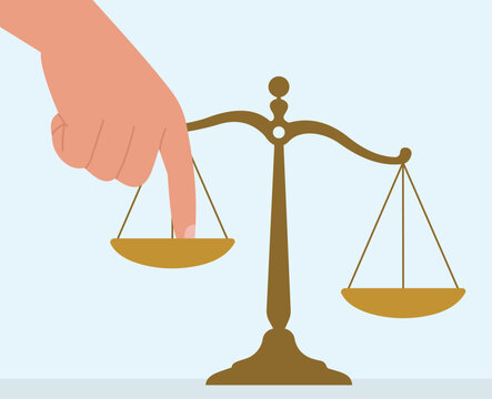 Flat vector illustration of a giant hand pressing a finger down on a golden scale of justice, intentionally tipping the balance to show unfairness, Tipping the Scales, Unfair Advantage, Systemic Bias