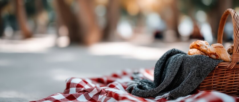 A picnic basket sits on a red and white checkered blanket in a park with green grass and flowers. It is a sunny day