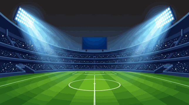 Soccer stadium interior with green field and bright lights shining down from stands