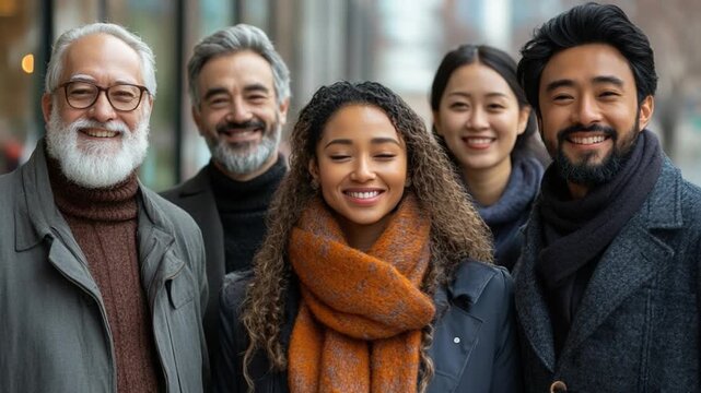 Portrait of Group of Smiling People: A harmonious and diverse group of individuals, radiating positivity and warmth, stand together, embodying unity and shared contentment.