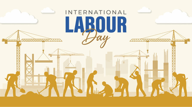 International labour day construction workers at a building site with cranes and workers in action