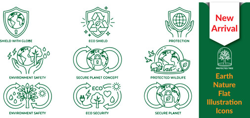 Fototapeta premium Earth Protection Line Icons – Save Planet Shield Set
