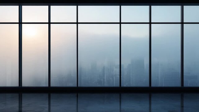 Panoramic City View Through Office Window: A captivating panoramic view of a city skyline is framed by sleek, modern office windows, creating a sense of tranquility and ambition.