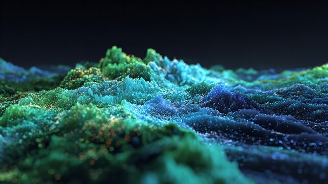 A black backdrop highlights the green fractal pattern and blue motion of a fern-like coral reef structure, blending nature and biology into a bioluminescent nanotechnology concept rendering