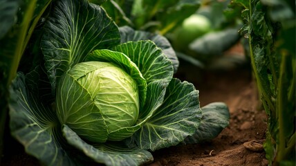 Obraz premium A vibrant green cabbage grows in a garden surrounded by lush leaves and soil