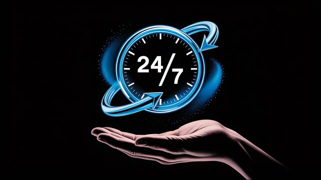 Glowing 24 7 support symbol above hand concept of nonstop service availability and assistance