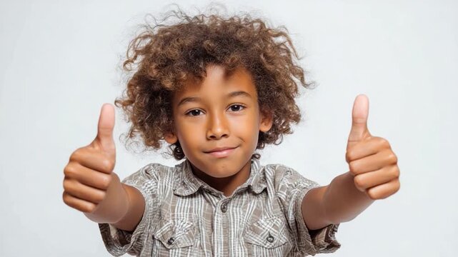 Child's Thumbs Up: An engaging portrait of a young boy expressing positivity, joy, and approval with a confident double thumbs-up gesture, symbolizing agreement and satisfaction. 