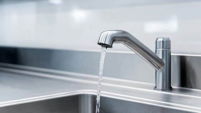 Flowing Water: Capturing a pristine, minimalist aesthetic, a modern faucet pours a stream of fresh, clear water into a stainless steel sink, highlighting the beauty of everyday functionality.