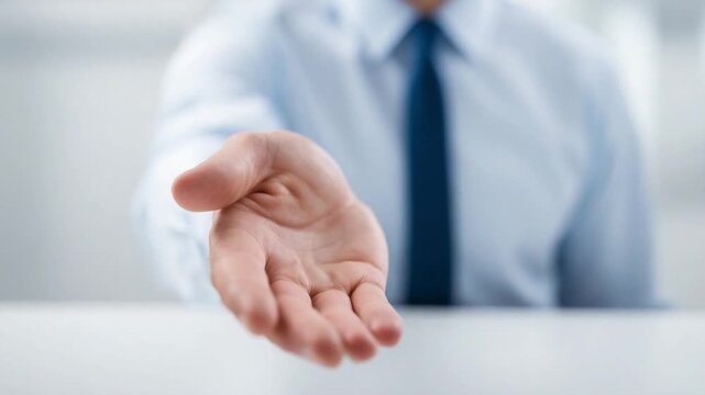 Invitation to Collaboration: A business professional extends a welcoming hand, symbolizing partnership, opportunity, and a gesture of support.