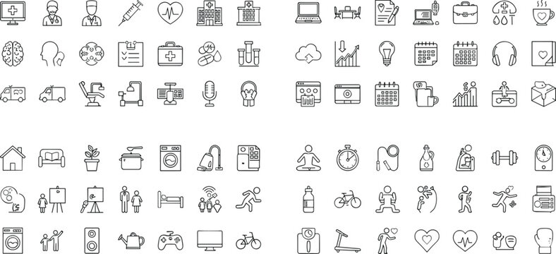 Mega collection of minimalist lifestyle and professional line icons featuring medical care office work home activities and fitness scenes vector.