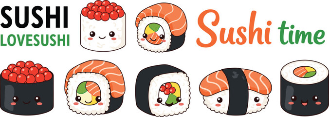 Cute Kawaii Sushi Vector Set Featuring Salmon Nigiri Maki Rolls and Gunkan with Happy Faces for Japanese Food Restaurant Menus and Stickers © MdRezaul