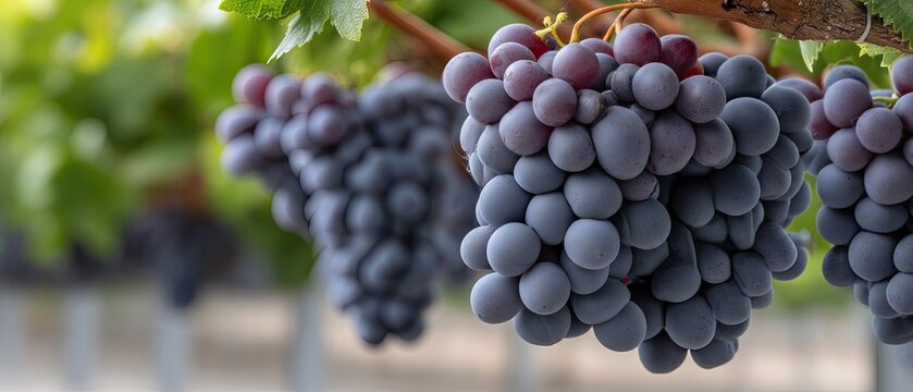 Close-up view of red grapes growing on the vine in an orchard with green leaves and a blurred background taken with a Canon EOS R5 camera at f24