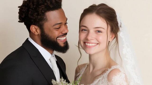 Radiant Smiles of a Bride and Groom: Capturing the essence of love and commitment, this portrait shows a joyful bride and groom, ready to embark on a beautiful life journey together.
