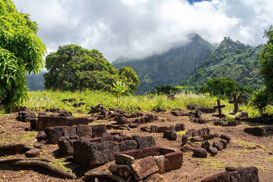 Ancient cemetery in Atuona, Hiva Oa, French Polynesia, Marquesas Islands
