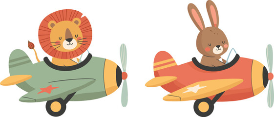 Cute Cartoon Lion and Bunny Rabbit Flying Airplane Pilot Character Set with Colorful Aircraft and Adventure Elements © MdRezaul
