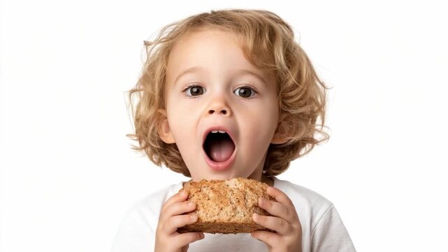 Child's Joyful Bite: A young child with wide eyes and an open mouth savors a delicious piece of bread, showcasing pure delight and a love for simple pleasures.