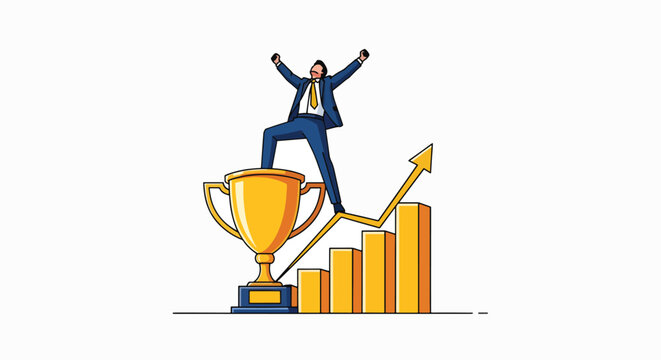 A triumphant businessman standing on a trophy and a rising bar graph with arms raised in a minimalist, flat illustration with warm colors.