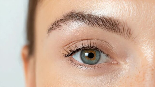 Captivating Gaze: A close-up shot of an eye with striking blue iris, framed by delicate eyelashes and a perfectly shaped eyebrow, reveals an alluring and expressive look.
