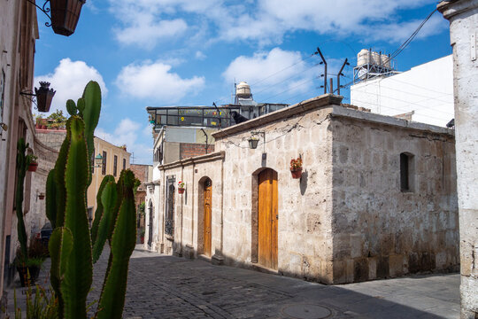 Houses in Arequipa, Peru with cactus and cobblestone streets