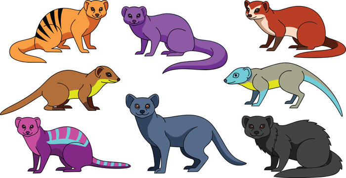 Colorful Mongoose Collection with Various Exotic Small Mammal Species Isolated on White