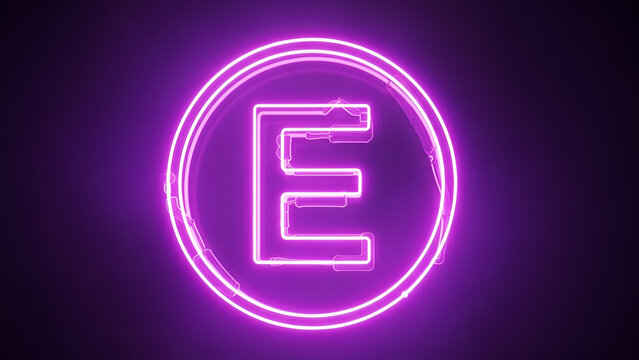 A neon purple logo with a glowing letter E in a circle on a dark background