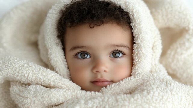 Innocence Unveiled: A captivating portrait of a baby, wrapped snugly in a soft, white blanket, their bright eyes full of wonder, radiating purity and serenity.