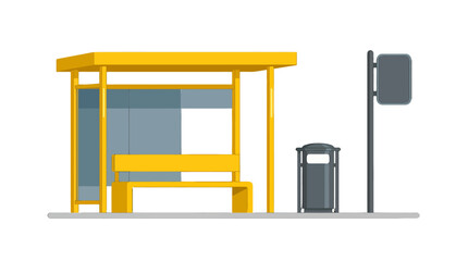 Fototapeta premium Modern Yellow Bus Stop Shelter With Bench And Trash Bin.