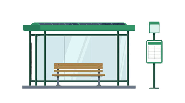 Modern flat vector illustration of a bus stop with a bench and timetable sign.