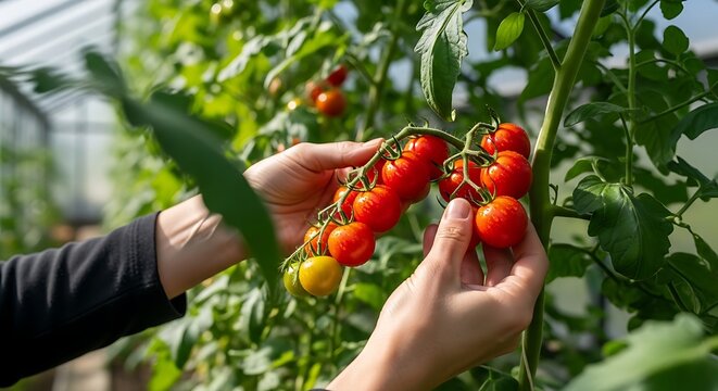 Hands picking ripe cherry tomatoes in sunlit greenhouse garden