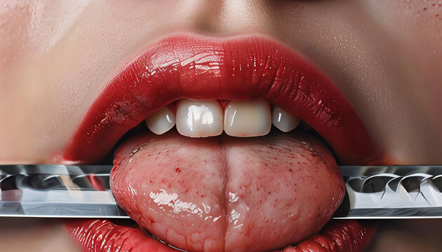 bocca di donna con labbra rosse e denti bianchi lecca la lama affilata di un coltello, woman's mouth with red lips and white teeth licks the sharp blade of a knife